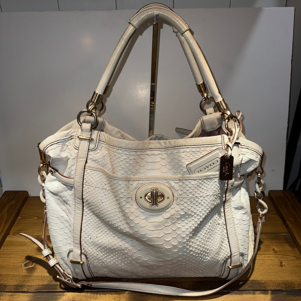 Coach Audrey Exotic Embossed Andie Tote F17027 White Python Leather Turnlock Bag